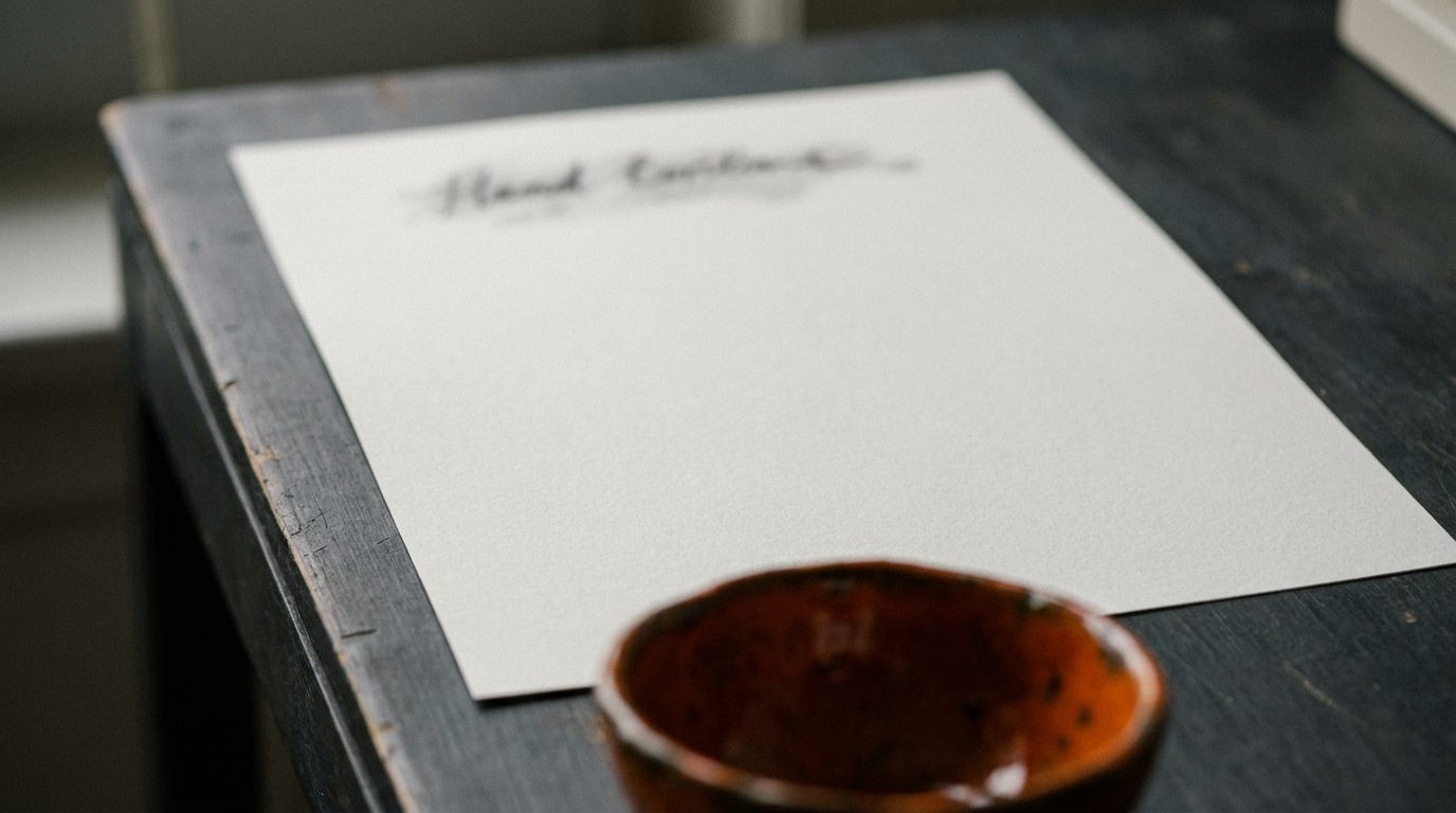 A single sheet of paper on a wide, otherwise empty dark desk