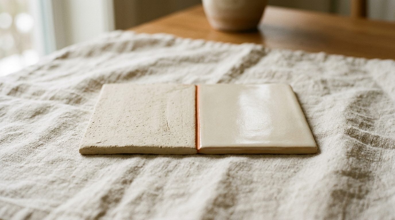 Two ceramic tiles side by side, one left raw and one finished