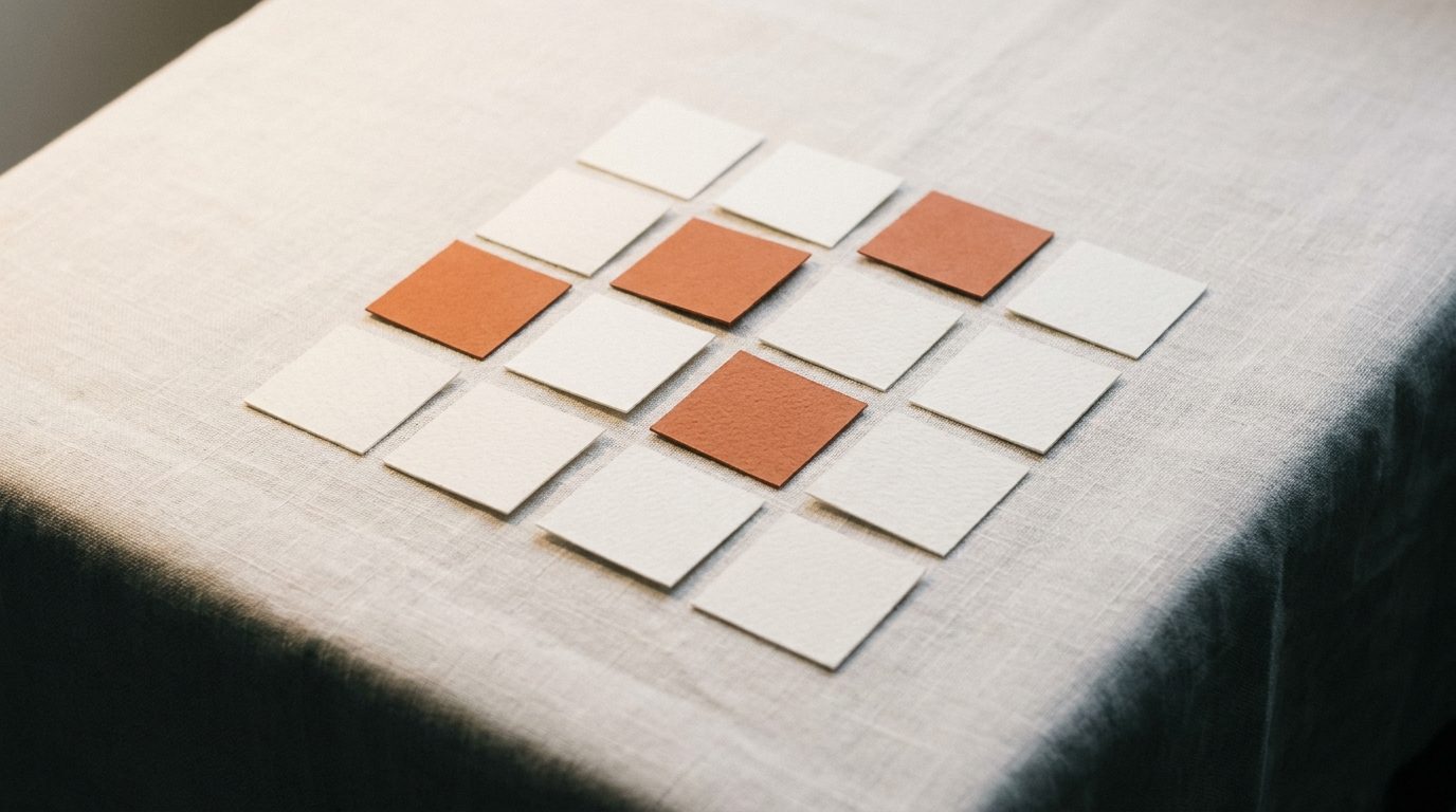 Twelve small paper chips laid out in a grid, three of them orange