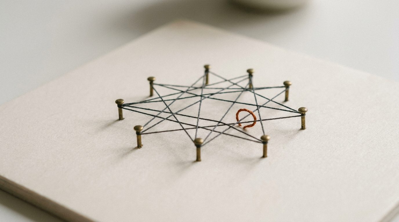 Brass pins on a board connected by fine thread into a single web