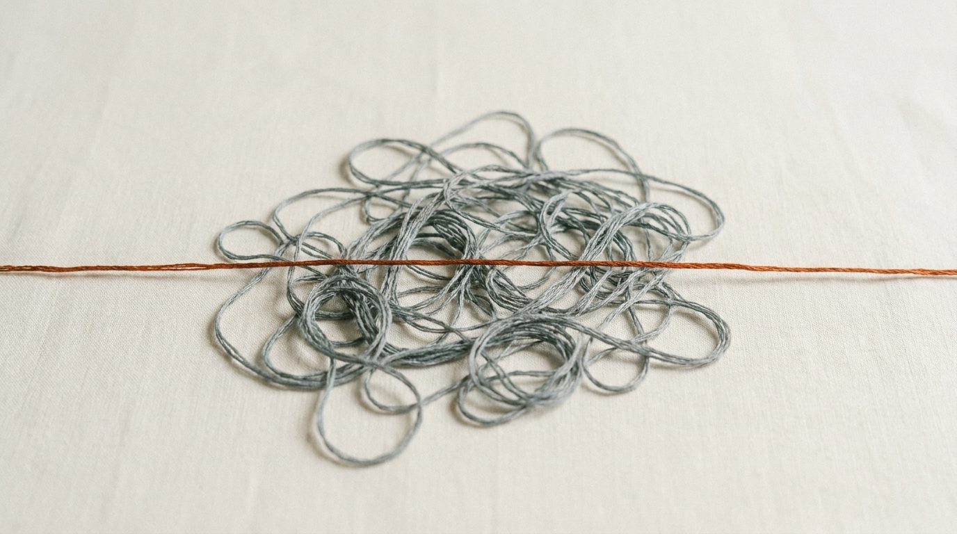 A single taut orange thread running through a tangle of loose grey threads