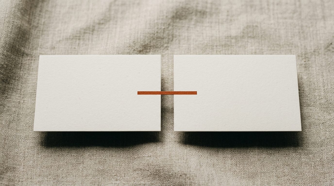 Two blank cards side by side joined by a short orange line