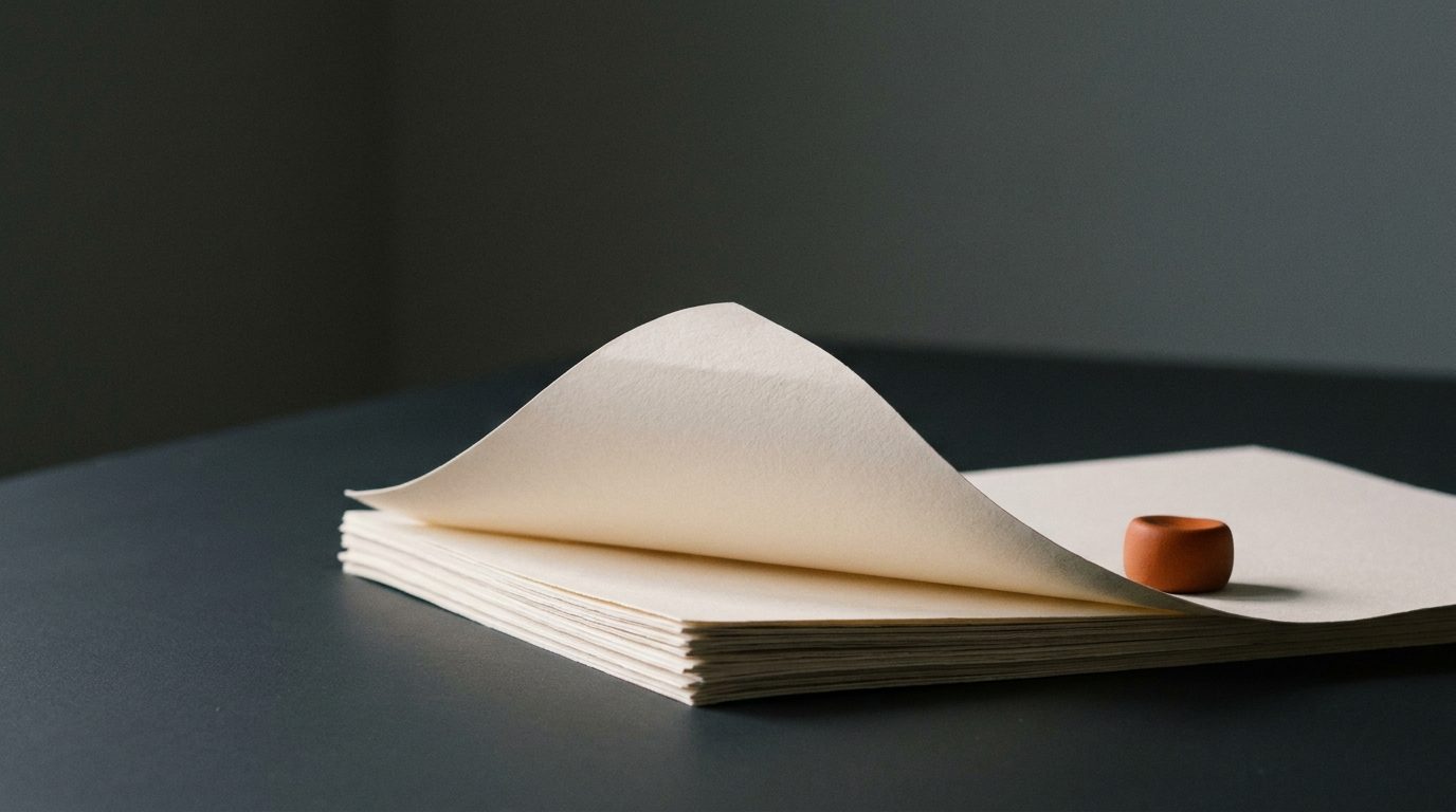 A stack of pale sheets with the top sheet lifted clear of the pile