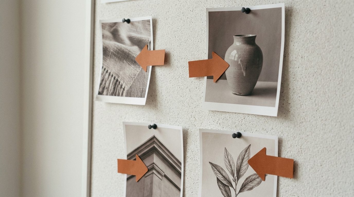 Four reference images pinned to a wall, each with an orange arrow pointing at a detail