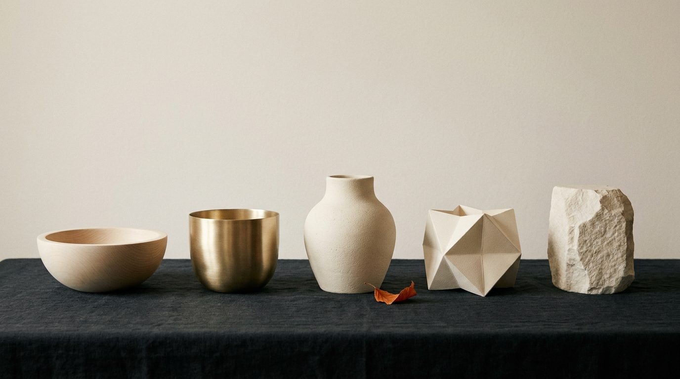 Five objects in different materials arranged in a row, all in the same warm tone