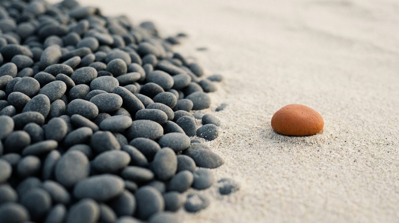 A heap of identical grey pebbles beside a single smooth orange stone