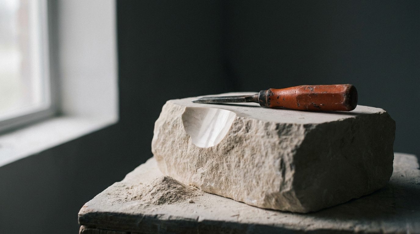 A chisel resting on a carved stone block surrounded by dust