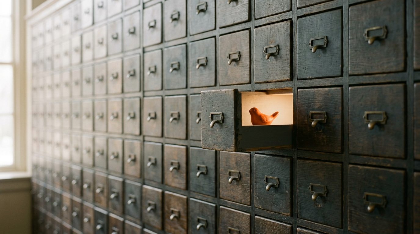 A wall of small wooden drawers with a single one open and lit