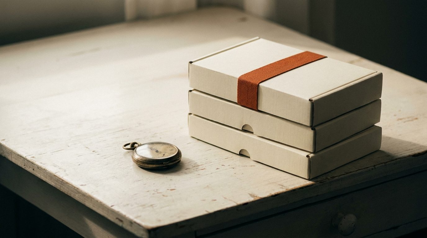 A pocket watch lying face-down beside a stack of sealed boxes