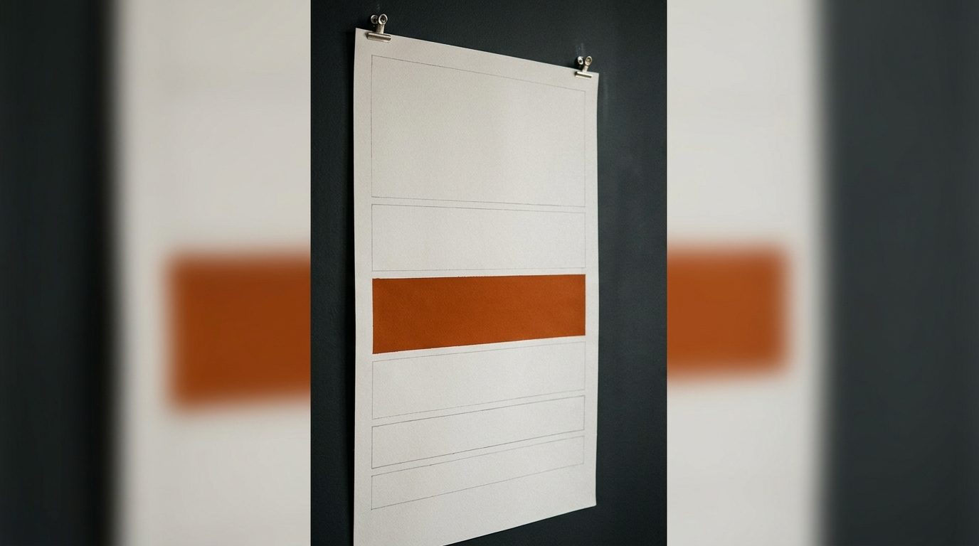 A sheet of paper pinned to a dark wall, ruled into bands with one band in orange