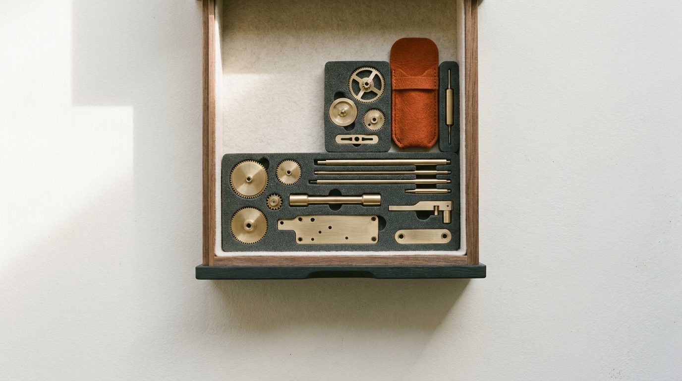 A fitted case of precision metal components in labelled compartments