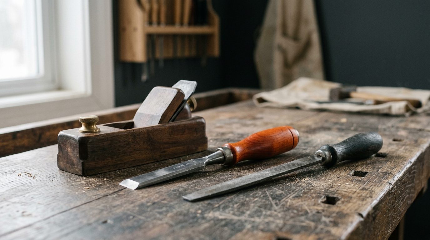 A hand plane and chisels laid out on a workbench