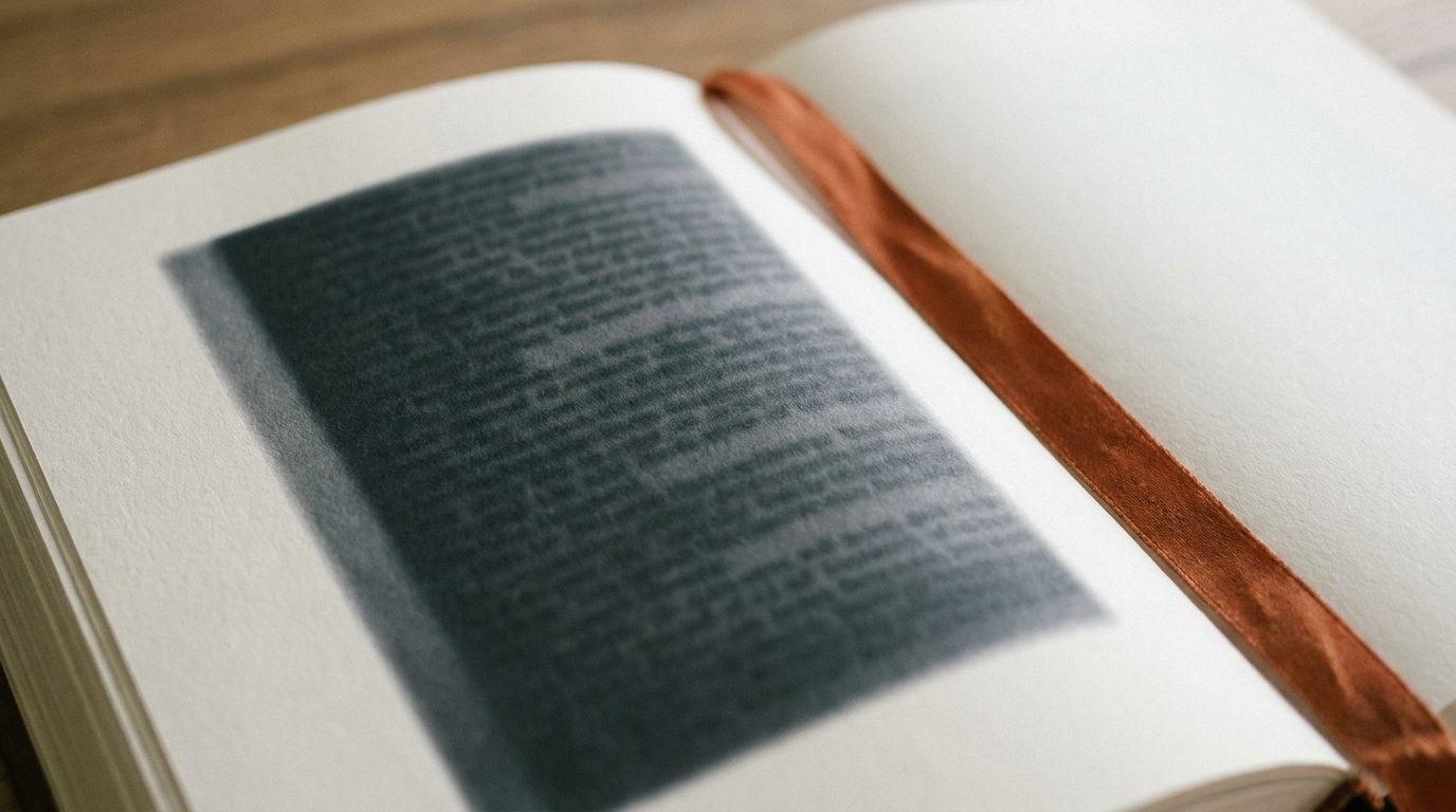 An open book showing one dense column of small text with wide margins