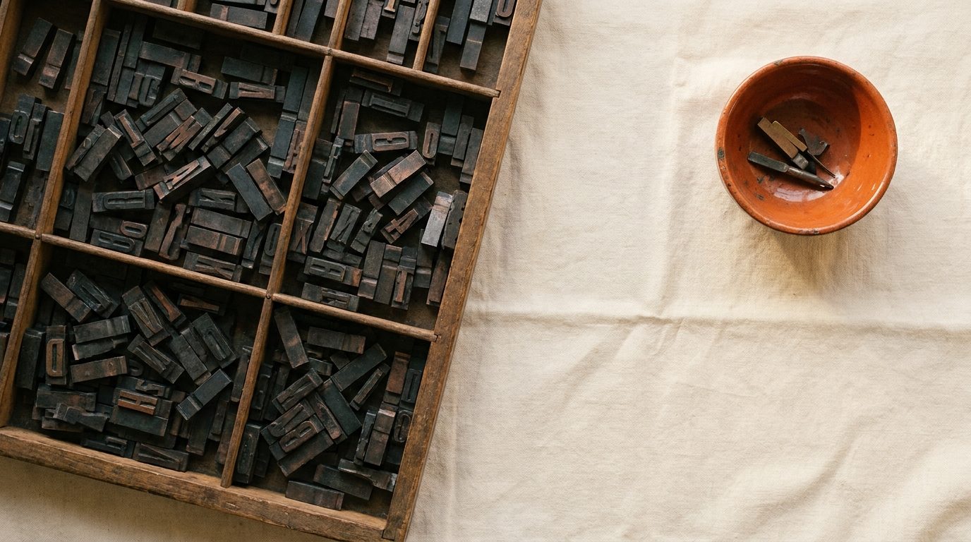 A wooden tray of antique metal letterpress type sorts seen from above